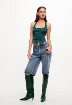 NYC HALTER TOP - GREEN PINSTRIPE -Tops To Bottoms Sales 04 10 23 LIONESS RESHOOTS STELLAVIDS RESHOOTS 130