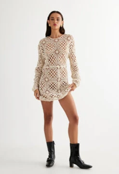 ATZARÓ CROCHET MINI DRESS - ALMOND -Tops To Bottoms Sales 27 03 23 LIONESS ReShoots Roberta RESHOOTS 1257