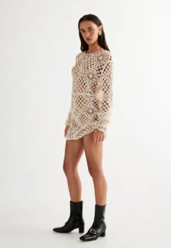 ATZARÓ CROCHET MINI DRESS - ALMOND -Tops To Bottoms Sales 27 03 23 LIONESS ReShoots Roberta RESHOOTS 1271