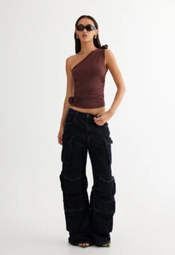 RENDEZVOUS ONE SHOULDER TOP - CHOCOLATE -Tops To Bottoms Sales LT867 2305 CHOCOLATE LB428 1 2305 DARK DENIM 1
