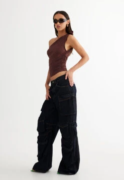 RENDEZVOUS ONE SHOULDER TOP - CHOCOLATE -Tops To Bottoms Sales LT867 2305 CHOCOLATE LB428 1 2305 DARK DENIM 8